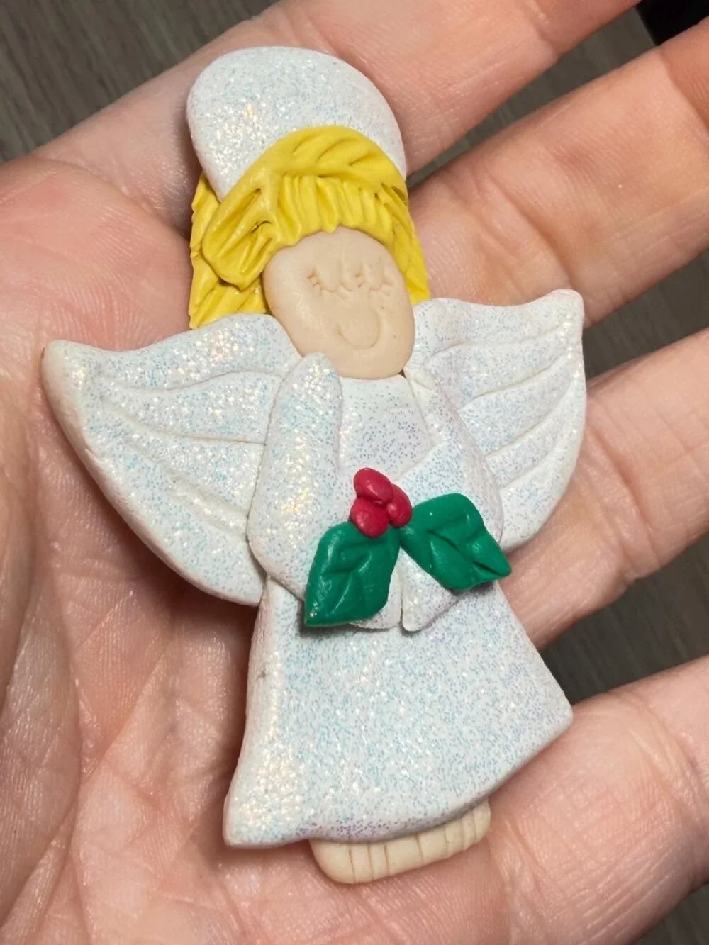 Handmade Clay Angel Christmas Brooch Glitter White Wings Holiday Pin 2.75”